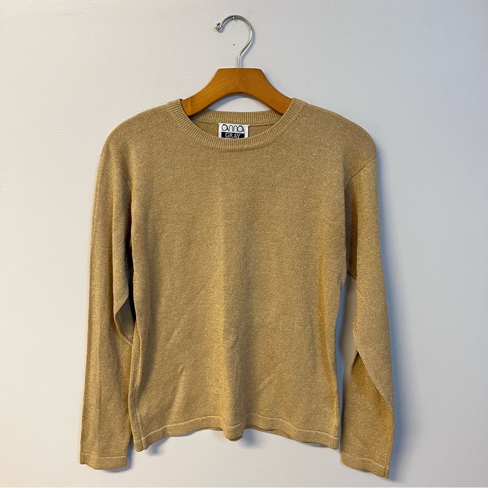 Anna gray silk blend top vintage gold metallic long sleeve medium